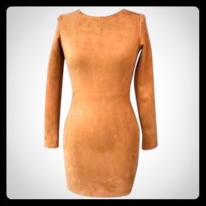 Faux suede long sleeve copper bodycon mini dress